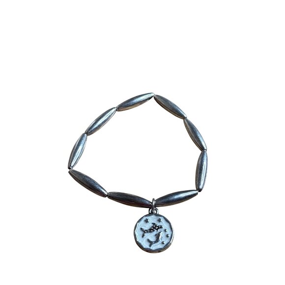 Silvertone Beaded Stretch Bracelet With Pisces Zodiac Charm Enamel 6.25 inches - Picture 1 of 4